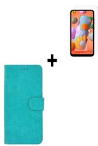 Samsung Galaxy A11 hoes Effen Wallet Bookcase Hoesje Cover Turquoise + Tempered Gehard Glas / Glazen screenprotector Pearlycase