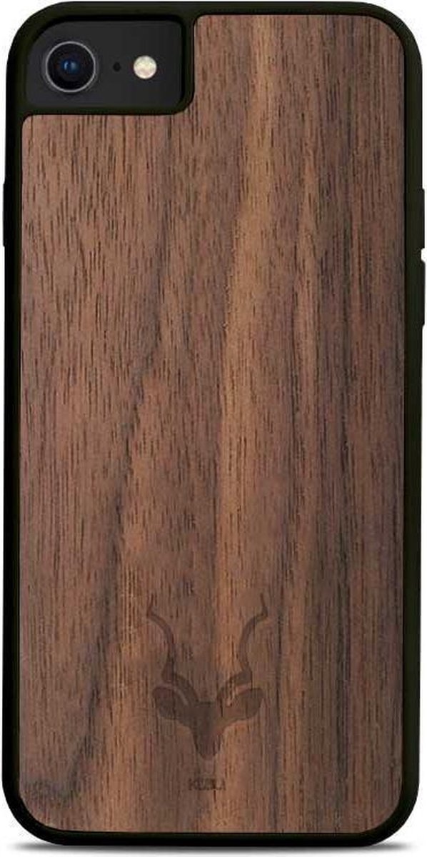 Kudu iPhone SE (2020) hoesje case - Houten backcover - Handgemaakt en afgewerkt met duurzaam TPU - Walnoot - Zwart