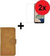 Nokia 2.3 hoes Effen Wallet Bookcase Hoesje Cover Bruin + 2x Tempered Gehard Glas / Glazen screenprotector (2 stuks) Pearlycase