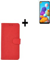 Samsung Galaxy A21 hoes Effen Wallet Bookcase Hoesje Cover Rood + Tempered Gehard Glas / Glazen screenprotector Pearlycase