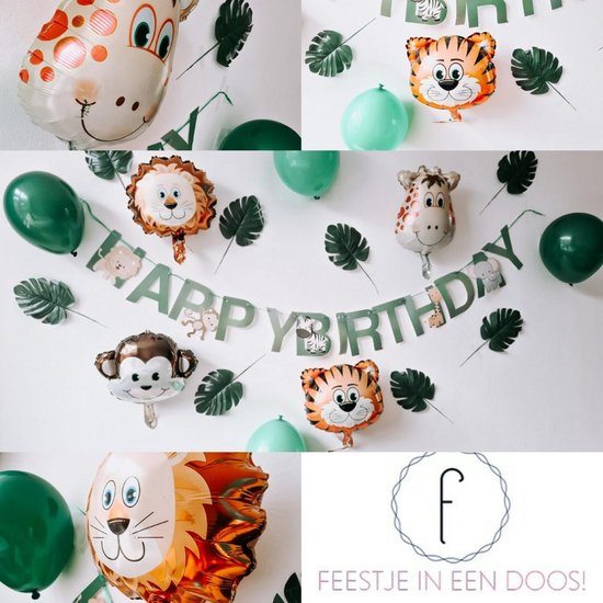 Jungle thema 40 delig tijger - leeuw - compleet feestpakket - decoratie - kinderfeest - thema versiering - ballon - slingers - safari into the wild - groen wit ballon