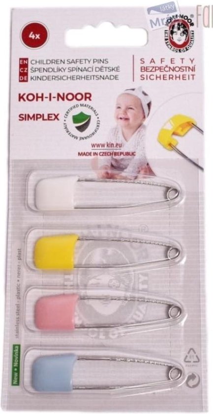KOH-I-NOOR baby safety pins - veiligheidsspelden met beschermkap - blister 4 spelden kap - kleuren pastel roze wit geel blauw - 5 cm