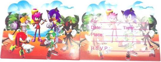 Invitations avec Sonic, Tails, Knuckles, Amy Rose et Shadow. Modifiable avec "For", "Date", "Time", "Place" et "R.S.V.P."