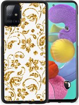 Back Cover Siliconen Hoesje Geschikt voor Samsung Galaxy A51 Telefoonhoesje met Zwarte rand Gouden Bloemen
