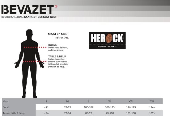 Maattabel met een silhouette dat de borstomvang en heupomtrek aangeeft. Maten S tot 3XL.