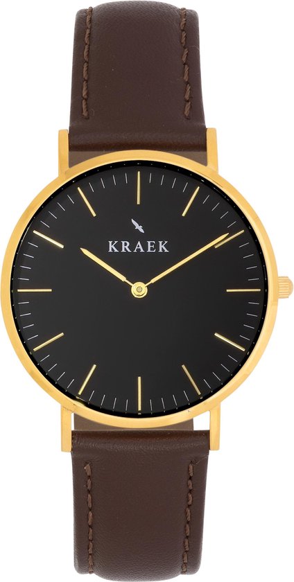 KRAEK Gwylan Goud Zwarte Wijzerplaat 36 mm | Dames Horloge | Bruin leren horlogebandje | Svelte | Minimaal Design
