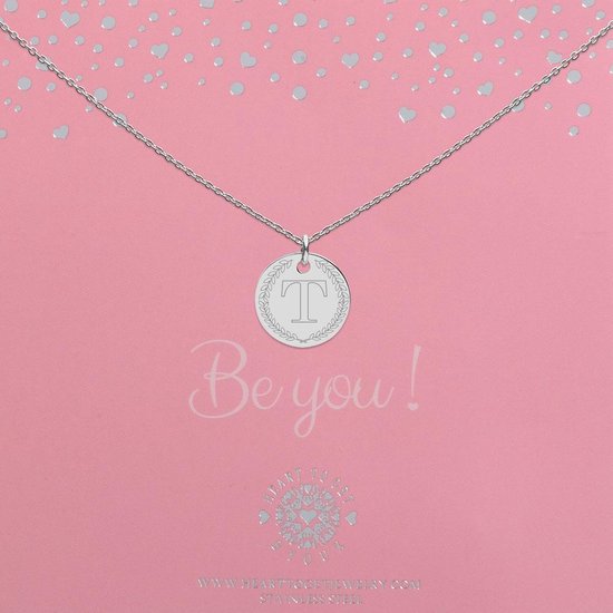 Heart to Get| Zilveren Kettingen | Initalen coin 18mm met letter  T | Letter ketting | Initialen ketting | Coin met initiaal en krans