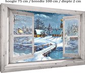 Buitencanvas op houten frame gespannen - 70x100x2 cm - Wit venster met uitzicht Winterdorpje - tuin decoratie - tuinposter - tuinschilderij voor buiten - kerst poster