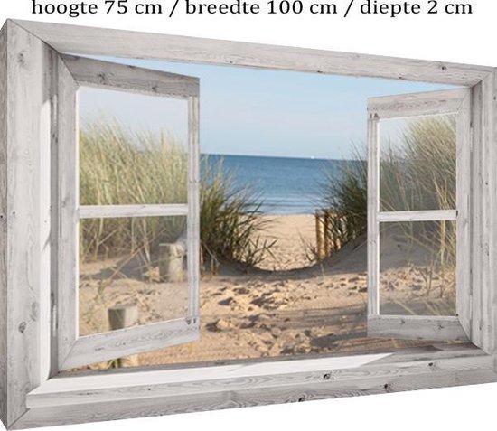 Buitencanvas op houten frame gespannen - 70x100x2 cm - Wit venster met Duinovergang - tuin decoratie - tuinposter - tuinschilderij voor buiten