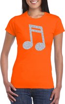 Zilveren muziek noot  / muziek feest t-shirt / kleding - oranje - voor dames - muziek shirts / muziek liefhebber / outfit M