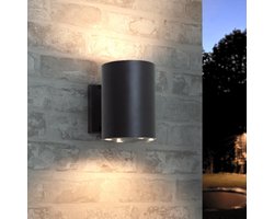 Solar wandlamp buiten ‘Sverre’ rond – Up down light – Warm wit licht – Tuinverlichting op zonne-energie geschikt voor schutting – Zwart