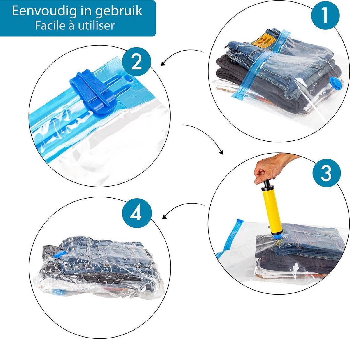 VOUNOT Vacuum Storage Bag with Pump, 4 Pieces Vacuum Bags, 4 Pieces Storage Bag with Handle and Zipper, for Clothing, Duvets, Bedding