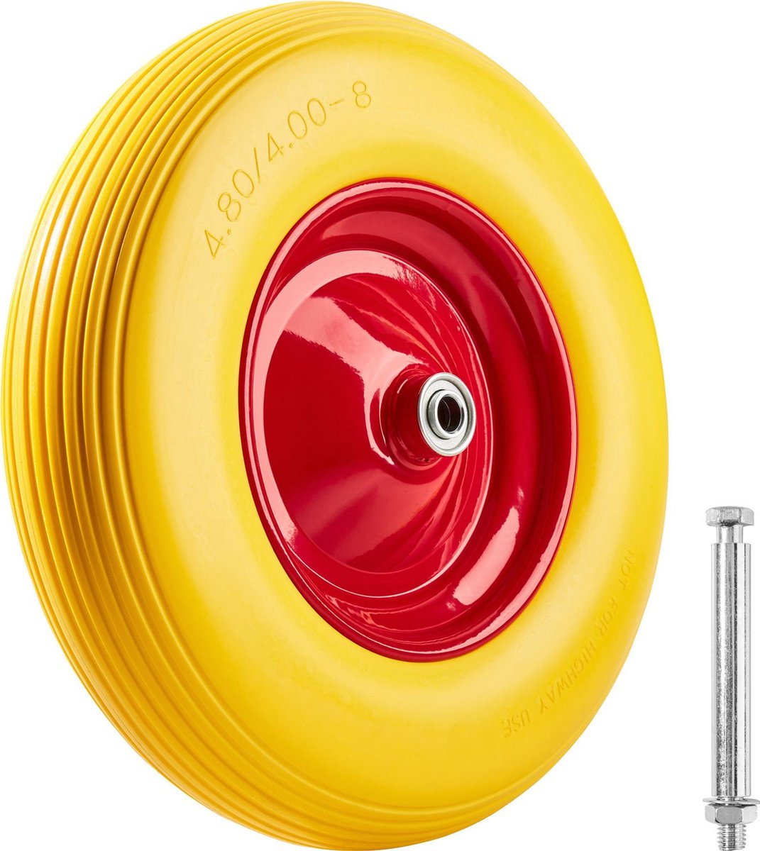 Wiltec kruiwagenwiel 3,50-8 tot 120 kg, steekwagenband met as en metalen velg, luchtband voor kruiwagens en steekwagens met lijnprofiel, band voor werkwagens met haaks ventiel en 120 kg draaglast