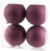 4x Aubergine roze kunststof kerstballen 10 cm - Glitter - Onbreekbare plastic kerstballen - Kerstboomversiering aubergine roze