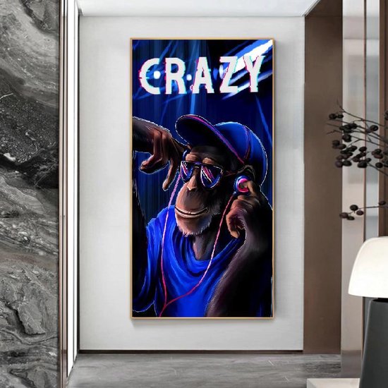 Allernieuwste Canvas Schilderij Rapper Aap Music Crazy - Modern Realistisch - Poster - Dieren - 50 x 90 cm - Kleur