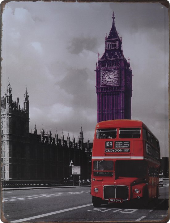 Wandbord – London – Engeland – Big Ben - Westminster - Vintage - Retro -  Wanddecoratie – Reclame bord – Restaurant – Kroeg - Bar – Cafe - Horeca – Metal Sign - 30x40cm