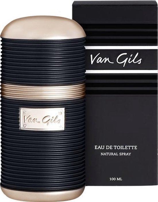 Zwarte, geribbelde fles met goudkleurige details, 'Van Gils' logo en doos. Eau de Toilette Natural Spray 100 ml.