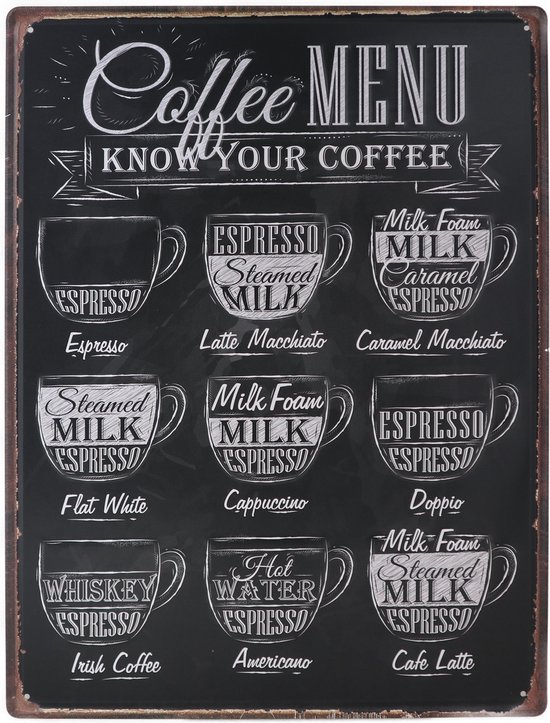 Wandbord –  Coffee Menu – Koffie - Vintage - Retro -  Wanddecoratie – Reclame bord – Restaurant – Kroeg - Bar – Cafe - Horeca – Metal Sign - 30x40cm