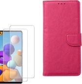Samsung Galaxy A21S Portemonnee hoesje roze met 2 stuks Glas Screen protector