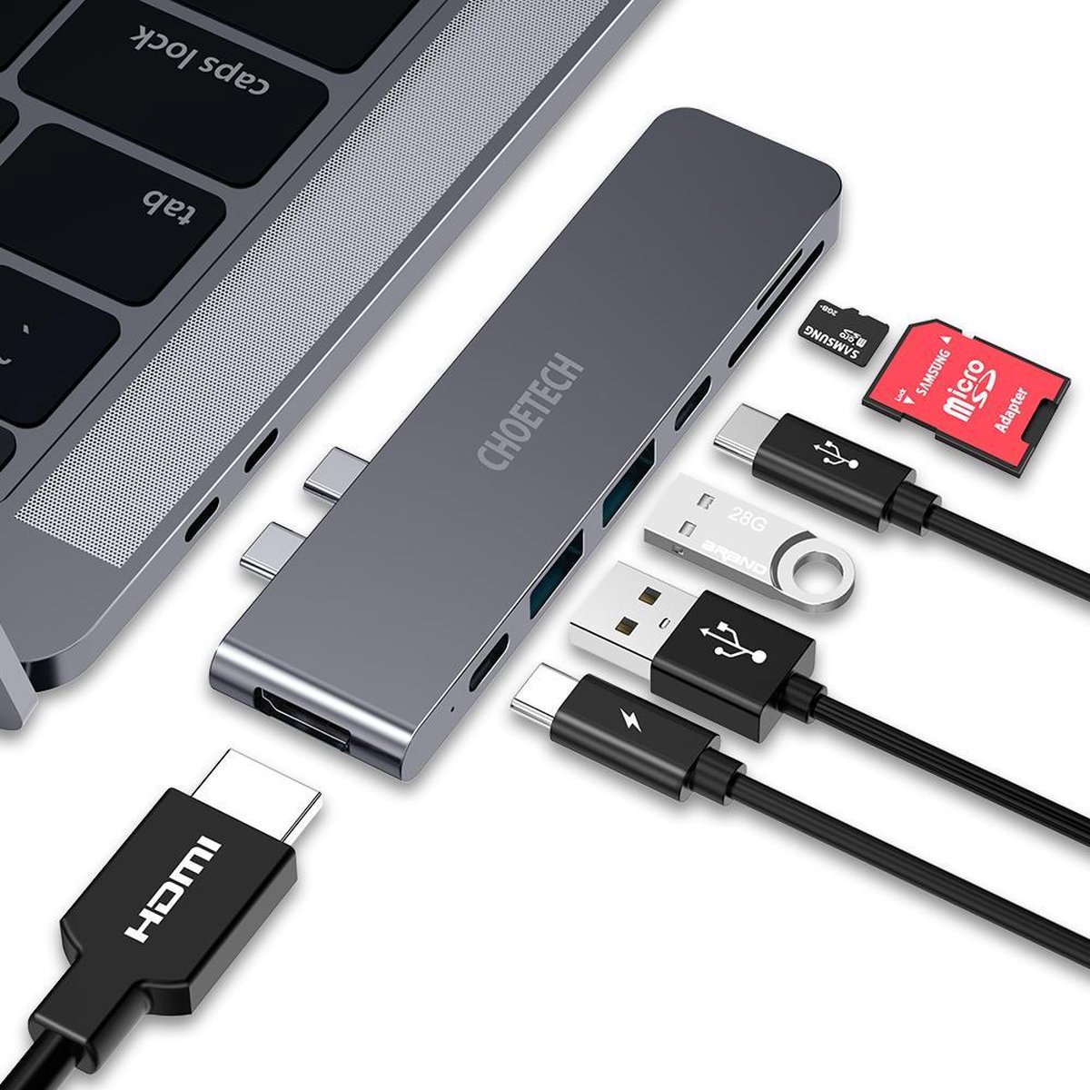 Choetech - Aansluitende USB-C 7-in-1 hub naar Thunderbolt 3 USB-C PD , USB 3.0, 4K HDMI en kaartlezer