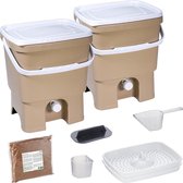 Skaza Bokashi Organko keukencompostbak van gerecycled plastic | 2x 16 L | Starter Set voor keukenafval en compostering | met EM zemelen 1 kg | Bruin beige