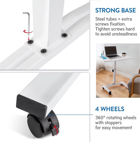 Tatkraft Vanessa Ergonomische Laptoptafel Op Wielen - Met Muismat - Laptop Statafel In Hoogte Verstelbaar - Notebook Standaard Houder - 360 Graden Draaibaar