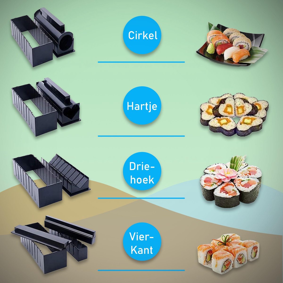 MLRYH Sushi Maker Set Van 12 Sushi-vormen, Set Voor Het Bereiden Van Sushi Rijst Rol Sushi Maker Doe Het Zelf Keuken Complete Set Geschikt Voor Beginners