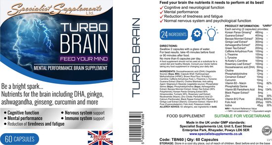 Bol Com Turbo Brain V1 Tbn60 Caps 60 Capsules Natuurlijk Nootropisch En Voedingssupplement
