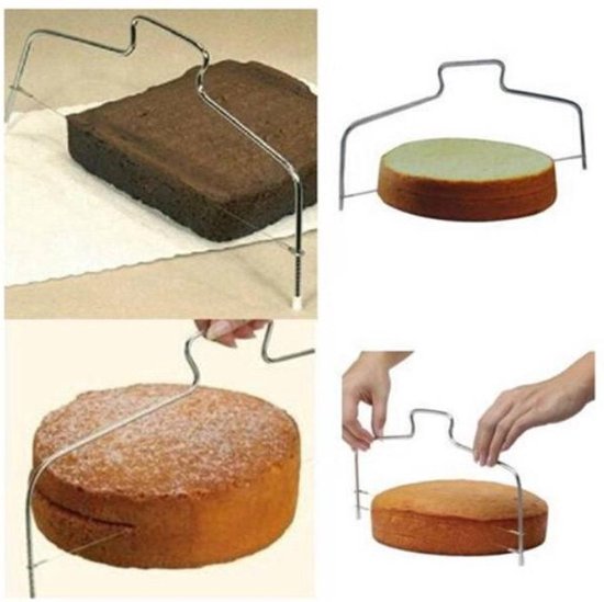 Collage met afbeeldingen van een zilveren taartsnijder die een vierkante cake snijdt en twee ronde cakes.