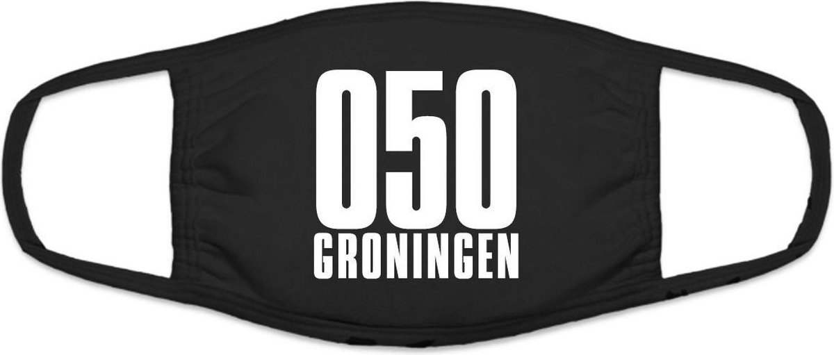 050 Groningen mondkapje | gezichtsmasker | bescherming | bedrukt | logo | Zwart mondmasker van katoen, uitwasbaar & herbruikbaar. Geschikt voor OV