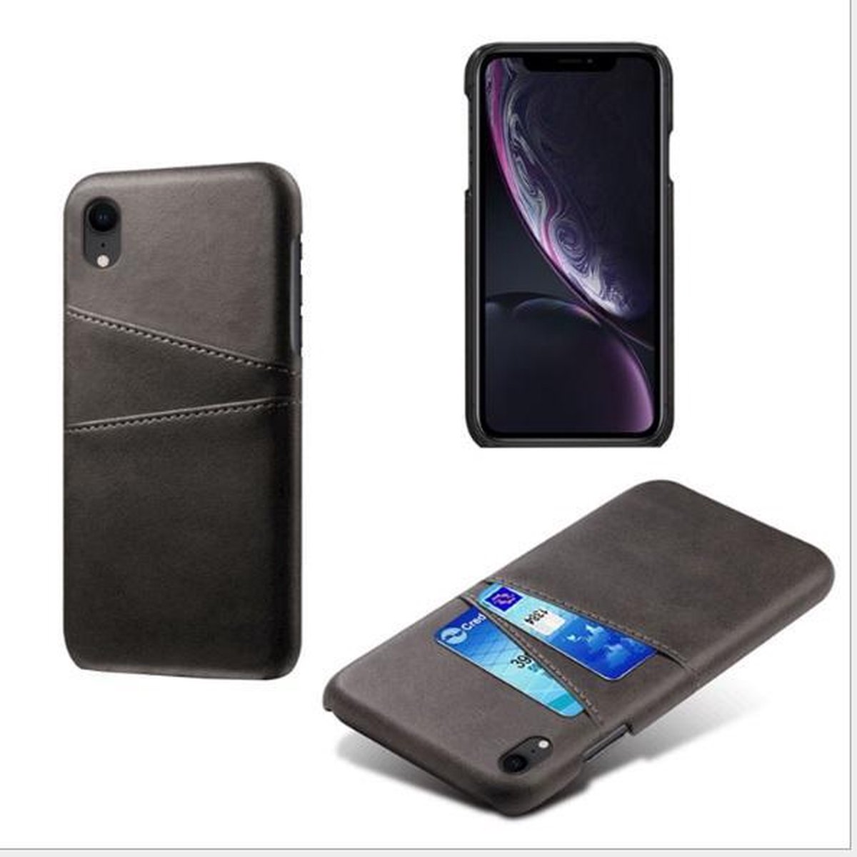 Back Cover met Opbergvakjes + PET Screenprotector voor iPhone XR _ Zwart