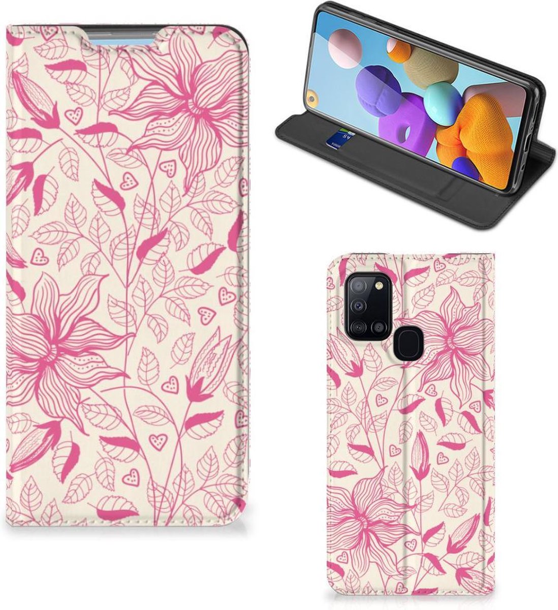 Standcase Hoesje voor Samsung Galaxy A21s Smart Cover Pink Flowers