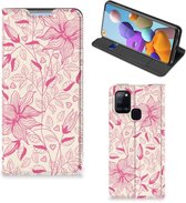 Magnet Case Geschikt voor Samsung Galaxy A21s Telefoon Hoesje Roze Bloemen