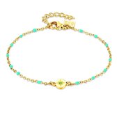 Twice As Nice Armband in goudkleurig edelstaal, turquoise email bolletjes, ronde met ster en groen kristal  16 cm+3 cm