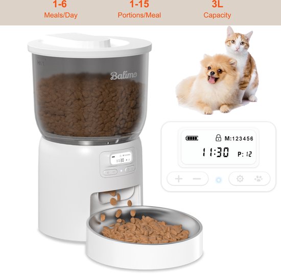 Balimo Automatische voederautomaat voor katten en honden, kattenvoerautomaat met 10 seconden opnamefunctie en portiecontrole, tot 4 maaltijden per dag, 4 liter