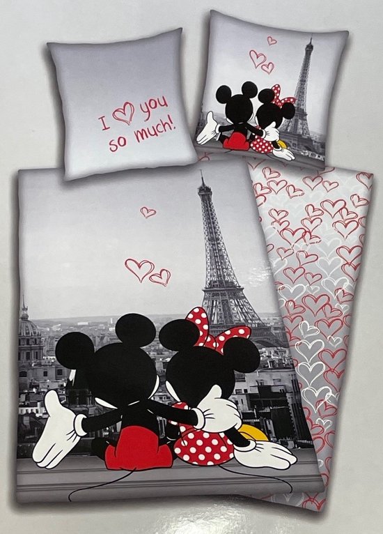 Disney Mickey & Minnie Mouse Paris - Housse de couette - Seul - 140x200 cm - Grijs / Rouge
