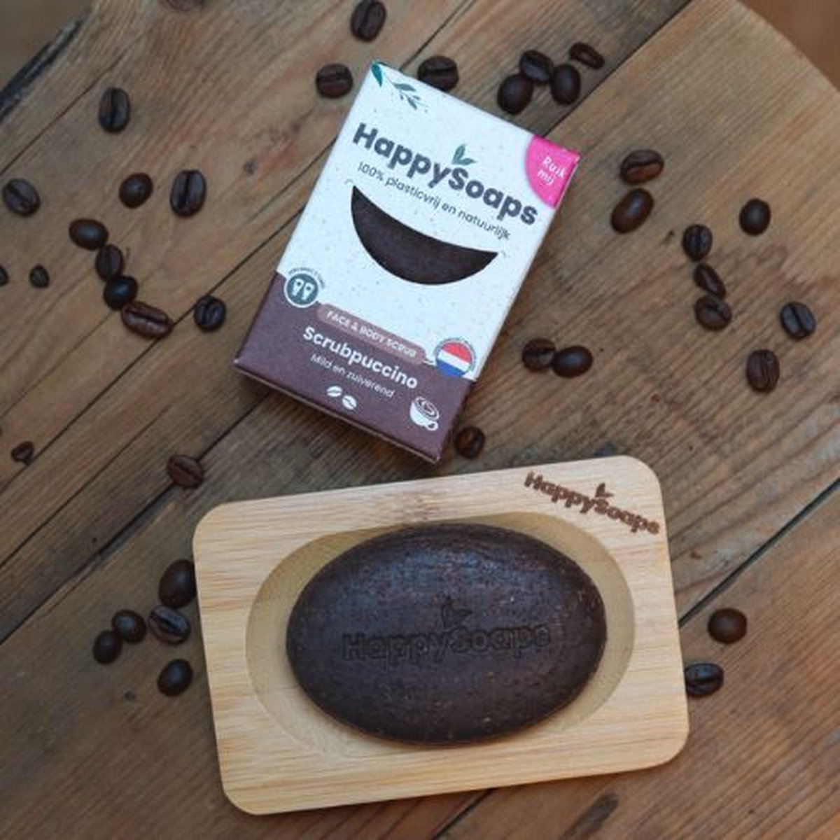 HappySoaps - Koffie Scrub Verwennerij Giftset – Face & Body Scrub + Bamboe Houder — cadeau in Verzorging - foto 2