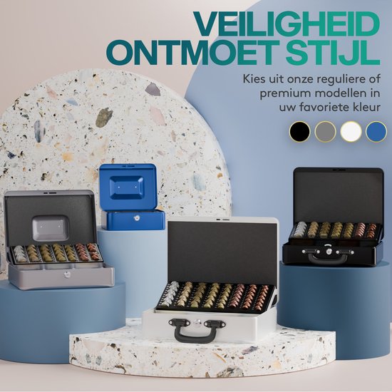 Drie geldkistjes in verschillende kleuren (grijs, wit, zwart) gevuld met munten, op een decoratieve achtergrond. "Veiligheid ontmoet stijl" staat geschreven.