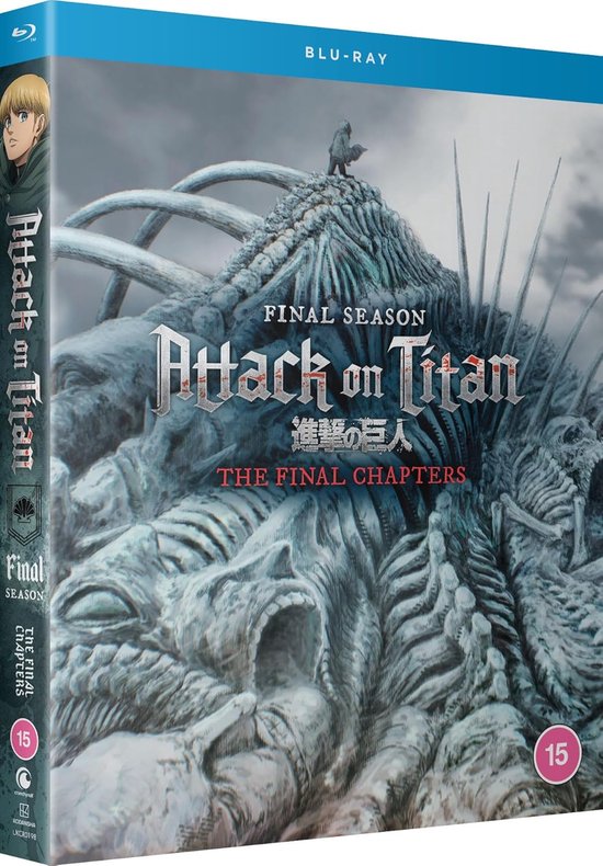 Blu-ray hoes van Attack on Titan: The Final Season - The Final Chapters met een grote, gruwelijke titan en een soldaat erop.