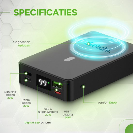 Zwarte powerbank met magnetisch oplaadgedeelte, LED-scherm "99", USB-C en USB-A poorten, Lightning en Micro ingangen. Tekst: "Specificaties."