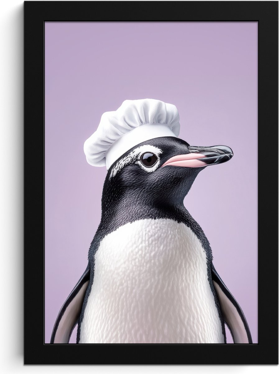 FrameYourWall Fotolijst inclusief poster - Posterlijst 20x30 cm - Posters - Pinguïn - Koksmuts - Lief - Paars - Foto in lijst - Keuken decoratie muur - Wanddecoratie accessoires - Muurdecoratie - Schilderijen Koksmuts - Pinguïn