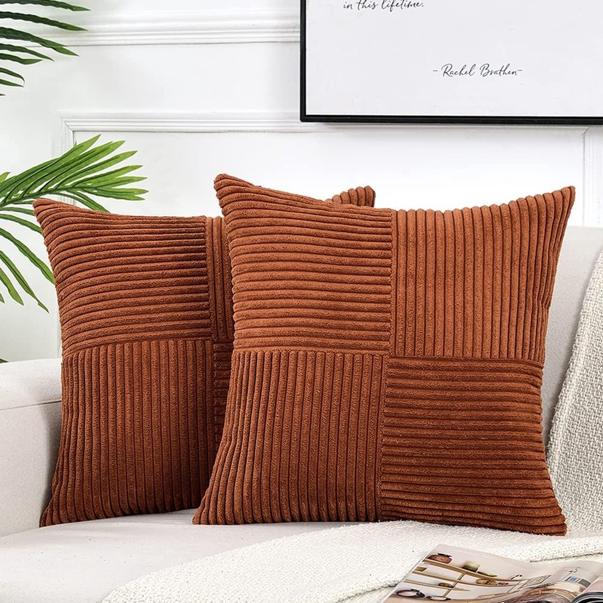 2 stuks decoratieve sierkussenhoezen voor woonkamerbankbed, rustieke boerderij Boho woondecoratie, zachte kruis corduroy patchwork textuur vierkante kussenhoes (40x40cm) - roodbruin