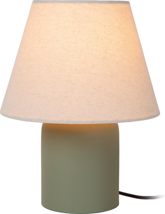 Lampe de table en céramique verte avec abat-jour en lin.