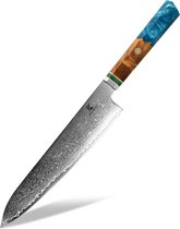 Couteau de chef japonais professionnel Kaamut® - 20 cm - Acier Damas 67 couches, tranchant comme un rasoir et durable - Époxy bleu saphir et manche en chêne - Coffret cadeau de Luxe
