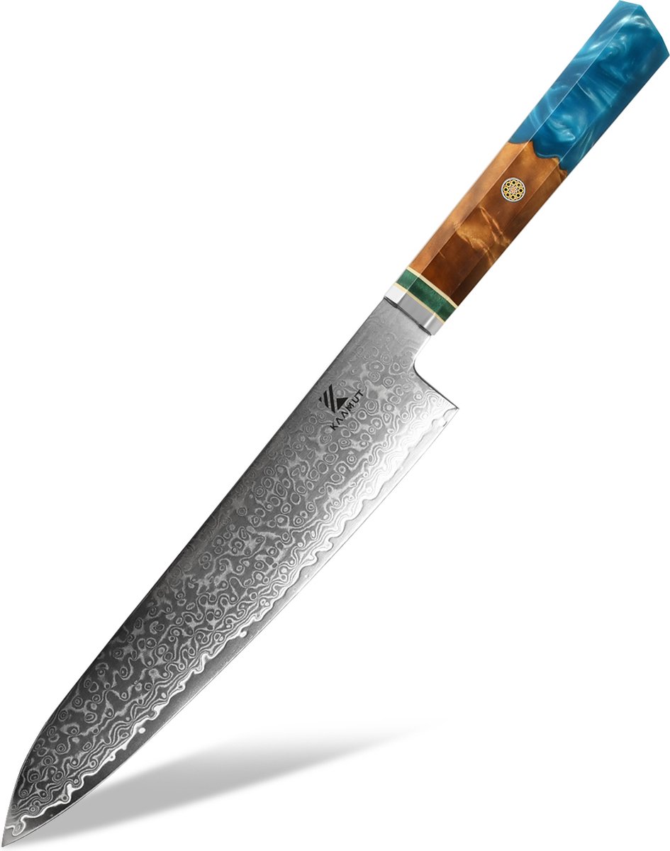 KAAMUT® Chefmes 20 cm 67 Lagen Damascusstaal – Vlijmscherp – Professioneel Koksmes – Handvat van Saffierblauwe Epoxy & Eikenhout