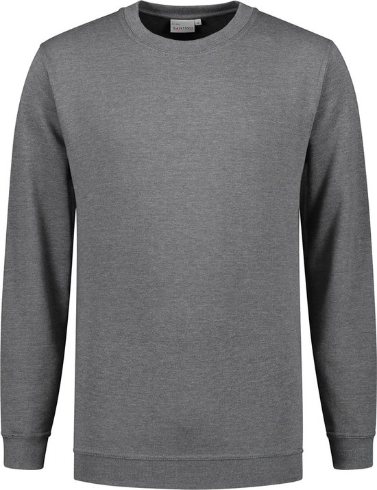 Grijze (antraciet) sweater met lange mouwen, ronde hals en geribbelde manchetten en zoom.
