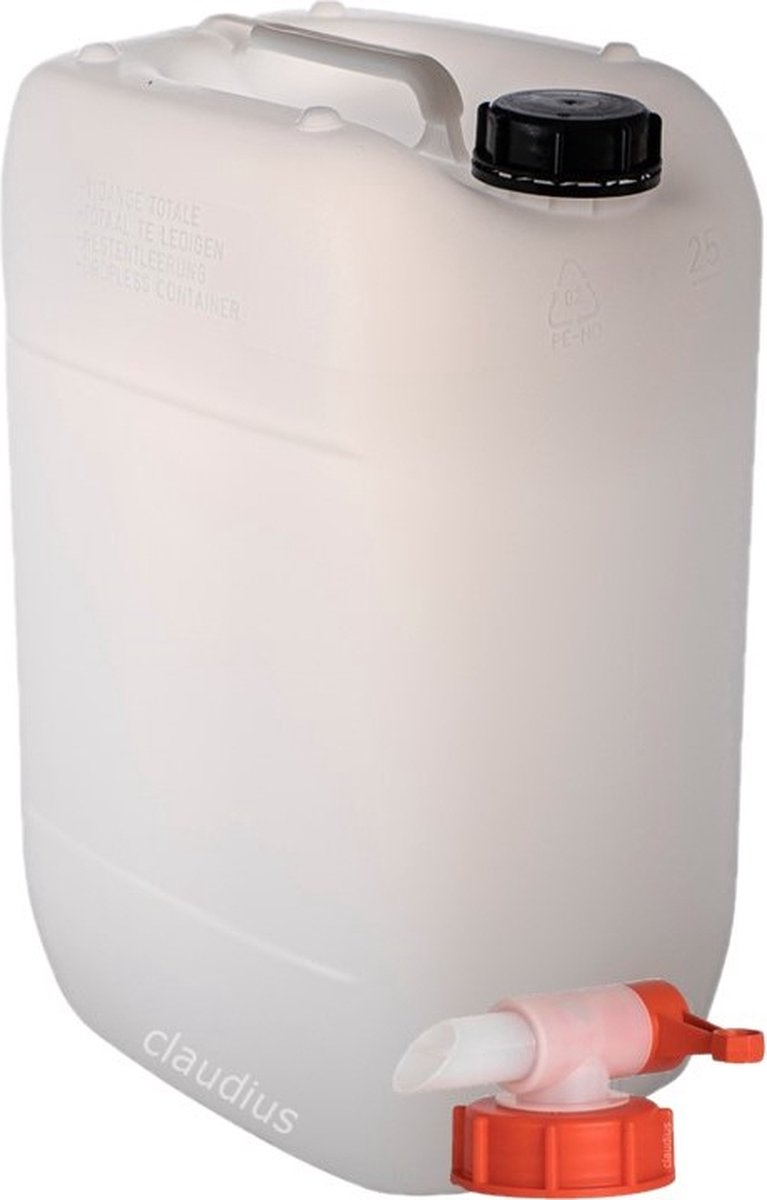 Jerrycan 25 Liter transparant | met kraan | geschikt voor water | UN gekeurd | benzine | handig stapelbaar | food grade | inclusief dop | totaal te legen