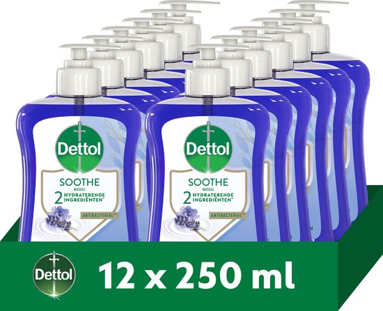Doos met 12 x 250 ml Dettol 'Soothe' handzeep, paarse flessen met lavendel.