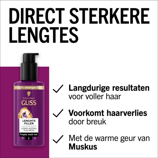 Paarse pompflacon van Gliss Lenghts Filler voor voller haar, met tekst over langdurige resultaten en musk geur.