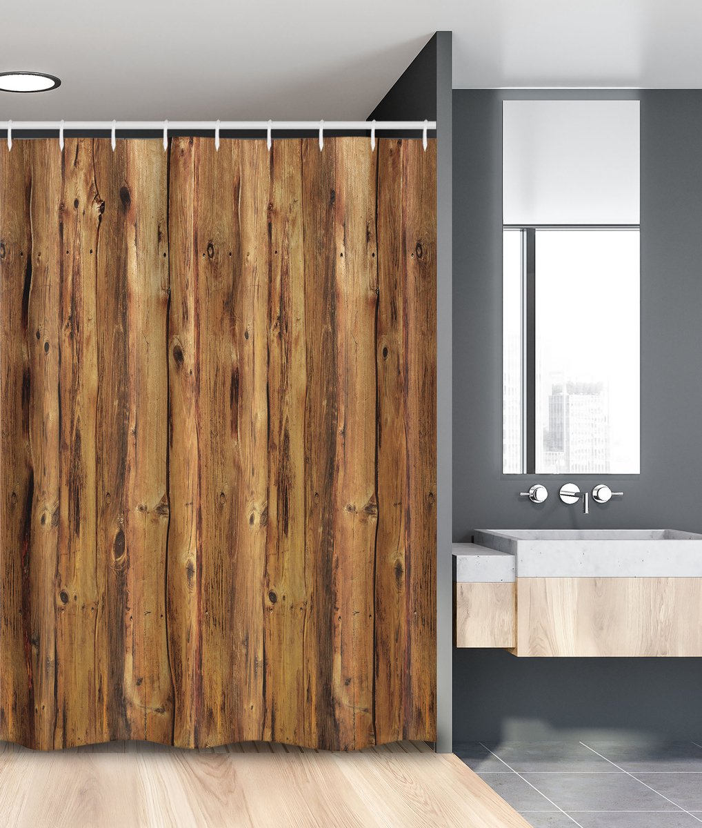 New Bed Rustieke Houten Douchegordijn Anti Schimmel, Vintage Houten Look Shower Curtain, Badkamer Decor Set met Haakjes, Douchegordijn 120x200 cm